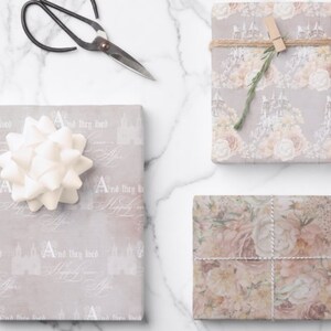 Elegant fairytale wrapping paper set - Happily Ever After Castle, Floral Castle, Blush Pink Floral - Perfect for princess parties, weddings - Set of 5 sheets.