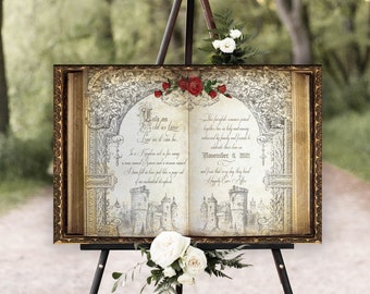 Fairytale Book Wedding Welcome Sign | Vintage Storybook Red Roses Castle