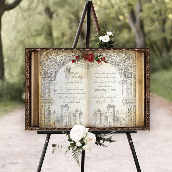 Fairytale Book Wedding Welcome Sign | Vintage Storybook Red Roses Castle