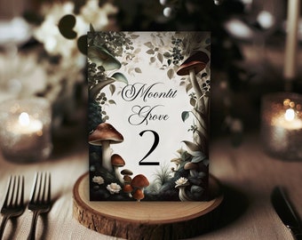 Mushroom Wedding Printed Table Number Cards, Enchanted Forest Theme, Double-Sided,  5x7", Elvish, Woodland, Rustic