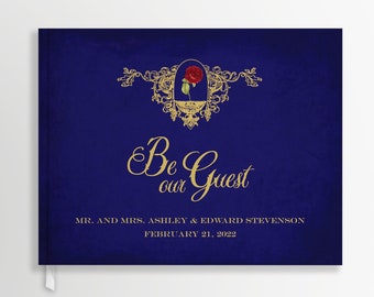 Navy Blue Beauty and the Beast Guestbook - Red Rose Gold Frame - Be Our Guest - Personalized - 10.9" x 8.75" - Blank pages - Fairytale