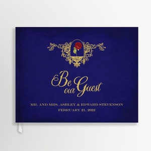 Navy Blue Beauty and the Beast Guestbook - Red Rose Gold Frame - Be Our Guest - Personalized - 10.9" x 8.75" - Blank pages - Fairytale