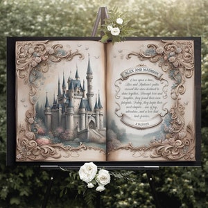 May include: A decorative, open book with a painted image of a fairytale castle on the left page and a personalized message on the right page. The book is displayed on an easel in front of a green bush.