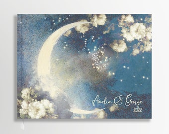 Wedding Guest Book with a Celestial Theme, Moon and Stars, Personalized, Blue Wedding Reception Book, Signing Book, Hard Cover Book