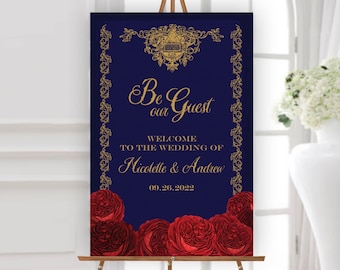 Enchanted Red Rose Wedding Welcome Sign | Navy Blue Gold Fairytale Personalized Names