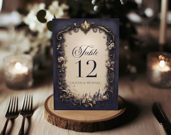 Printed Table Number Cards in an Enchanted Fairytale Theme | Double-Sided | 5x7" | Dark and Moody | Beauty and the Beast Navy Blue and Gold