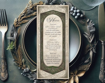 LOTR Wedding Menu – Elvish Theme, Enchanted Forest Design Single Sided Cards with Blank Back - 4x9.25"