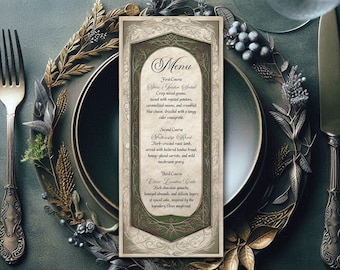 Printed Menu for Wedding - LOTR Dark and Moody Wedding - Elvish Theme - 4x9.25" - Enchanted Forest Wedding - Single Sided Cards - Blank Back