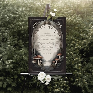 Signo de bienvenida de boda del bosque de hongos encantado, boda en el bosque, boda boho, señalización de boda, boda de otoño, personalizado