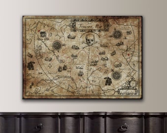 May include: A dark brown wooden dresser with eight drawers and ornate metal handles. The dresser has a curved front and a slightly raised base. A vintage-style treasure map with a skull and crossbones is hanging on the wall above the dresser.
