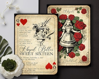 Alice in Wonderland 5x7" Double Sided Invitation - Vintage Theme - Playing Card, Sweet Sixteen, Birthday, Quinceañera