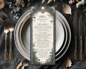 Printed Menu Dark and Moody Woodland  - LOTR Wedding - Elvish Theme - 4x9.25" - Forest Wedding - Single Sided Cards - Blank Back