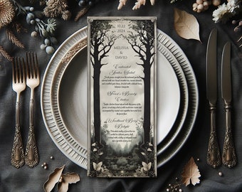 Printed Menu for Wedding - Dark Woodland Theme - LOTR - Elvish Theme - 4x9.25" - Enchanted Forest Wedding - Single Sided Cards - Blank Back