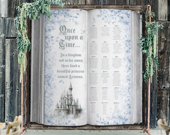Seating Chart Backdrop with a Fairytale Castle and Blue Flowers - Open Book Design - Once Upon a Time, Princess Birthday, Quinceanera