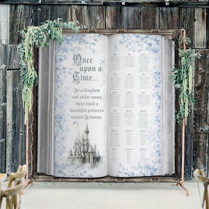 Blue Floral Castle Seating Chart Backdrop - Vintage Open Book Design - Custom Fairy Tale Decor - Wedding Event Banner