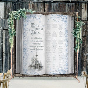 Seating Chart Backdrop with a Fairytale Castle and Blue Flowers - Open Book Design - Once Upon a Time, Princess Birthday, Quinceanera