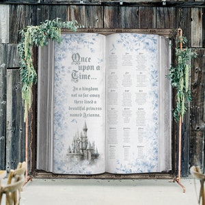 Blue Floral Castle Seating Chart Backdrop - Vintage Open Book Design - Custom Fairy Tale Decor - Wedding Event Banner