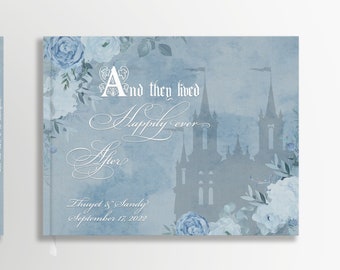 Blue Floral Wedding Guestbook - Fairytale Castle & Carriage in a Dreamy and Elegant Blue - Personalized - 10.9" x 8.75", 100 blank pages