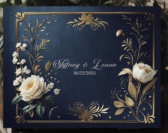 Custom Navy Blue Guest Book with Gold Border & Cream Florals - Fairytale Wedding Guest Book - Romantic Bridal Shower Keepsake