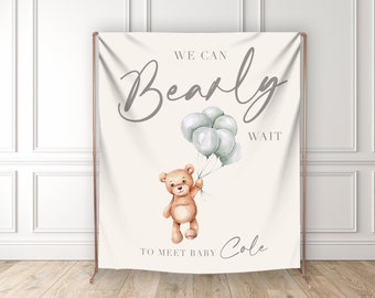 Customized Baby Teddy Bear Backdrop | Bearly Wait Baby Shower Decor | Gender Neutral Bear with Balloons | Personalized Nursery Wall Art