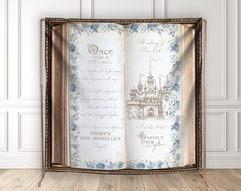 Baby Shower Book Sign with Blue Flowers, Fairytale Castle Backdrop - Blue and Gold - Once Upon a Time - Storybook Theme