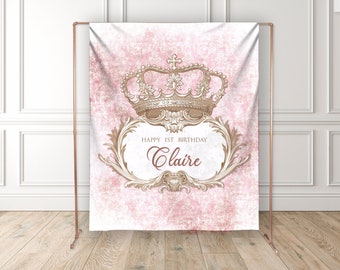 Pink Crown Backdrop, Princess Birthday, Fairytale Baby Shower, Damask, Once Upon a Time, Personalized, First Birthday