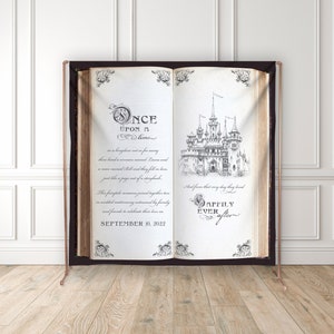 Vintage Open Storybook Vinyl Backdrop - Once Upon a Time Fairytale - Fairytale Castle Illustration - Wedding Backdrop - Bridal Shower Decor