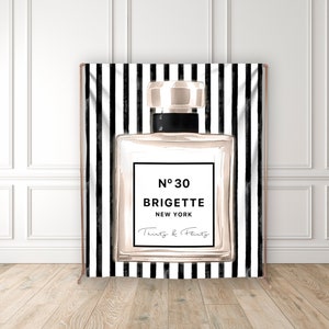 Designer Birthday Perfume Backdrop - Paris Theme Party Decor - Sweet Sixteen - Perfume Label - Black and White Stripes