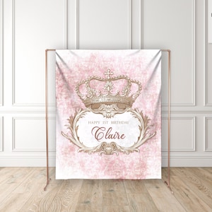 Pink Crown Backdrop, Princess Birthday, Fairytale Baby Shower, Damask, Once Upon a Time, Personalized, First Birthday
