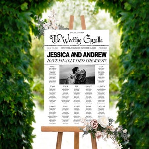 Newspaper Wedding Seating Chart in Black and White with your Custom Photo, Printed Find Your Seat Sign, Vintage Antique Style