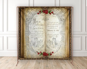 Vintage Fairytale Red Rose Backdrop - Open Book Design - Once Upon a Time - Beauty and the Beast Inspired - Gold Script Font