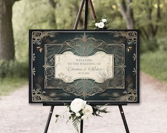 Wedding Welcome Sign Enchanted Forest  - Fantasy Wedding - Whimsical Vintage Frame - LOTR - Elvish - Rustic Woodland - Green Wedding