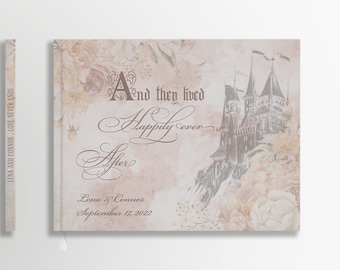 Blush Pink Wedding Guest Book, Fairytale Castle, Floral Personalized 10.9" x 8.75", 80 blank white pages