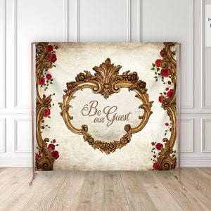 Elegant Red Rose Backdrop - Be Our Guest - Vintage Beauty and the Beast Inspired - Ornate Gold Frame - Wedding Bridal Shower Decor