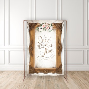 Once Upon a Time Backdrop - Vintage Gold Frame - Pale Pink and White Florals - Personalized Design - Princess Birthday