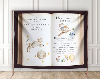 Nursery Rhyme Vinyl Backdrop - Open Storybook Design - Cow Jumping Over Moon Cat Fiddle Dish Spoon - Hey Diddle Diddle