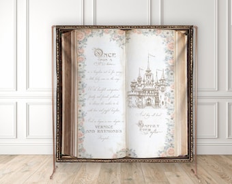 Storybook Baby Shower Backdrop with Pink and Blue Flowers and Fairytale Castle, Once Upon a Time, Welcome Sign, Princess Theme