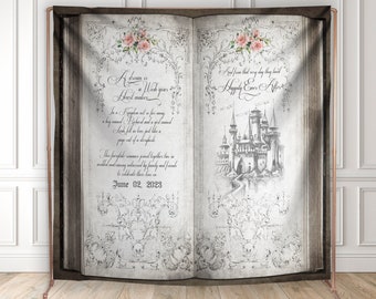 Fairytale Book Backdrop with Castle and Pink Florals - Once Upon a Time - Pink and Gray - Love Story - Antique Wedding or Bridal Shower