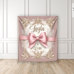 Pink Bow Birthday Backdrop or for Baby Shower, Bridal Shower, First Birthday, Elegant Muted Pink with Vintage Gold Frame, Custom Text