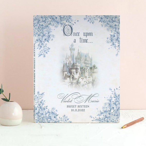 Elegant Blue Floral Fairytale Castle Guest Book - Personalized Name & Date - Fairytale Quote - 8.25" x 10.5", 100 Blank Pages