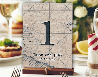 Vintage Map Wedding Table Number Cards, Nautical Double-Sided, 5x7"