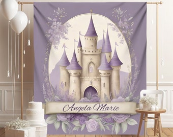 Birthday Backdrop Custom Purple Fairytale Castle  - Rapunzel - Personalized Name - Whimsical - Birthday, Baby Shower Decor - Purple Flowers