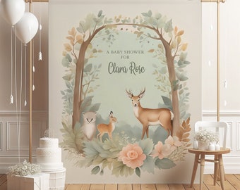 Woodland Animals Backdrop Customized - Boho Florals - Forest Theme - Blush and Green - Baby Shower Decor or Birthday Banner, Watercolor