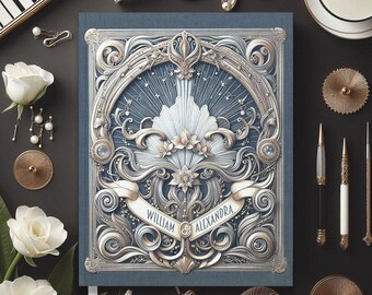 Personalized Art Deco Wedding Guest Book, Blue & Silver, Vintage Glamour, Printed Flat Design, 100 Blank Pages, 8.25" x 10.5"