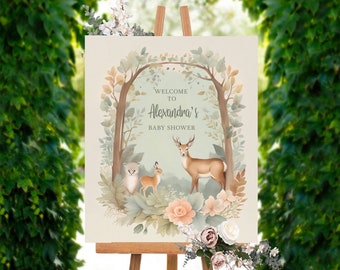 Whimsical Woodland Forest Baby Shower Welcome Sign - Blush Copper Sage Green - Custom Name - Boho Decor - Watercolor - 1 Day Turnaround