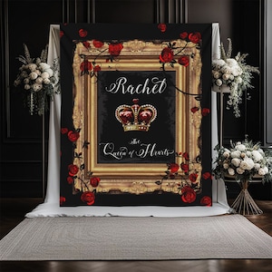 Queen of Hearts Backdrop, Wonderland, Red Roses, Baby Shower, Tea party, Gold Frame, Crown, Vinyl, 1 Day Turnaround