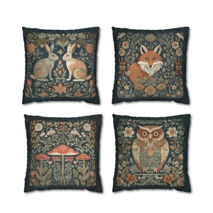 Cojines de animales de arte popular - Estilo William Morris - Decoración elegante y caprichosa - Azul oscuro, beige, cobre - Conejos, zorros, hongos, búhos