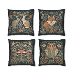 Folk Art Animal Throw Pillows - William Morris Style - Whimsical and Elegant Decor - Dark Blue, Beige, Copper - Rabbits, Fox, Mushrooms, Owl