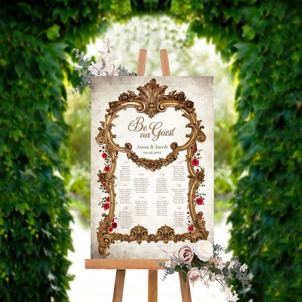 Beauty and the Beast Seating Chart | Fairytale Storybook Red Rose Decor | Once Upon a Time | Be Our Guest Sign | 1 Day Turnaround