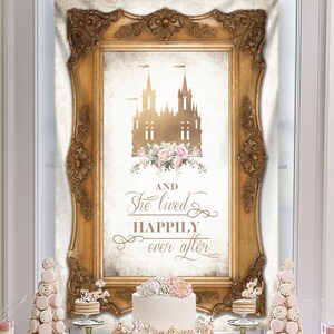 Fairytale Castle Backdrop with Ornate Gold Frame - Happily Ever After - Pink Florals - Princess Birthday - Elegant Once Upon a Time